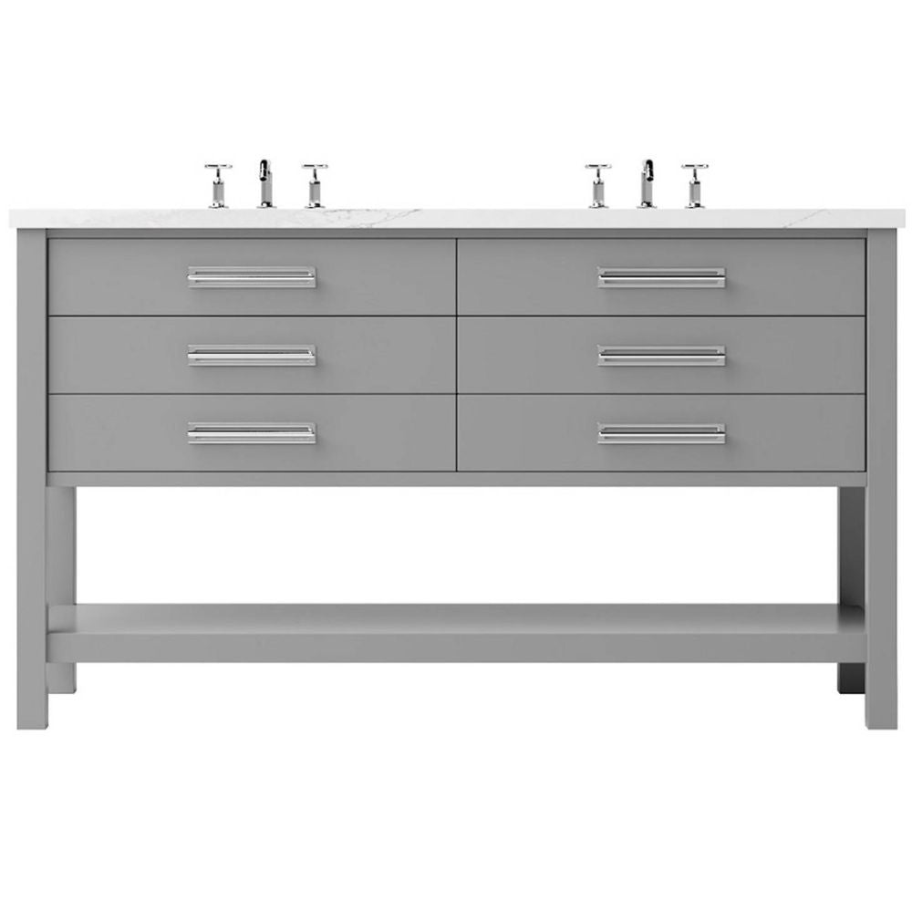 Gray bathroom vanity with white countertop and silver fixtures on a white background