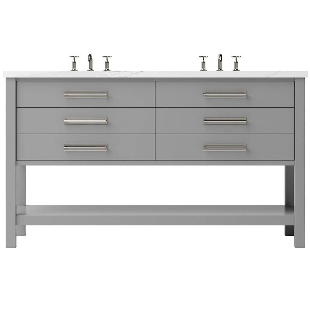 Gray bathroom vanity with white countertop and silver fixtures on a white background