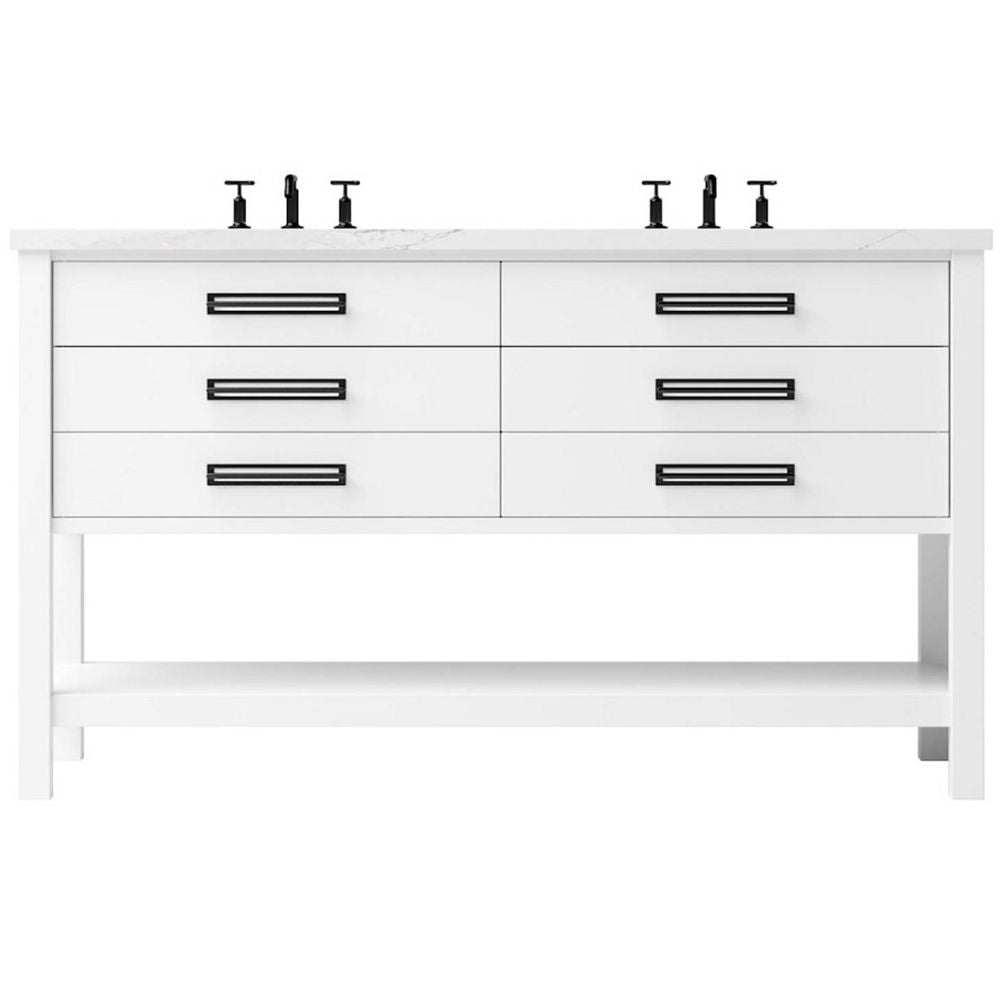 White bathroom vanity with four drawers and a countertop on a white background