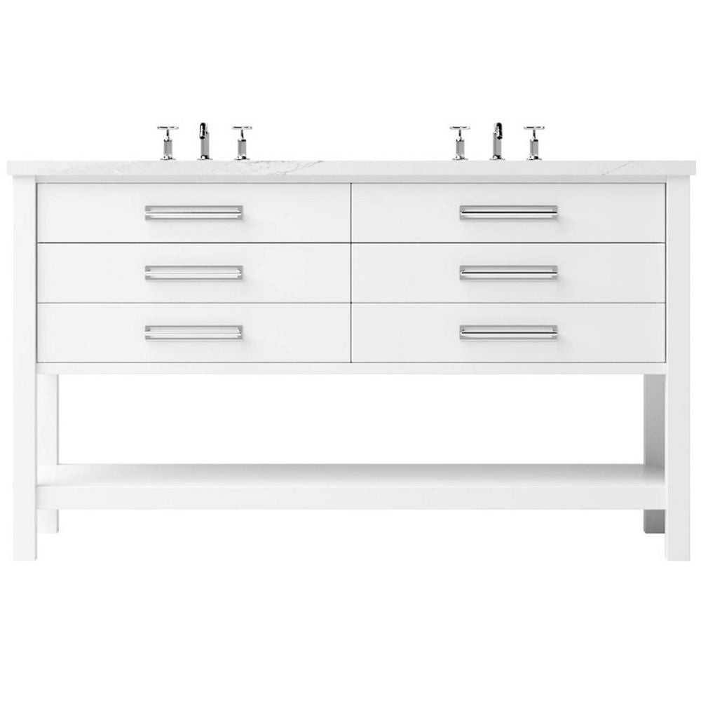 White bathroom vanity with multiple drawers and faucet fixtures on a white background