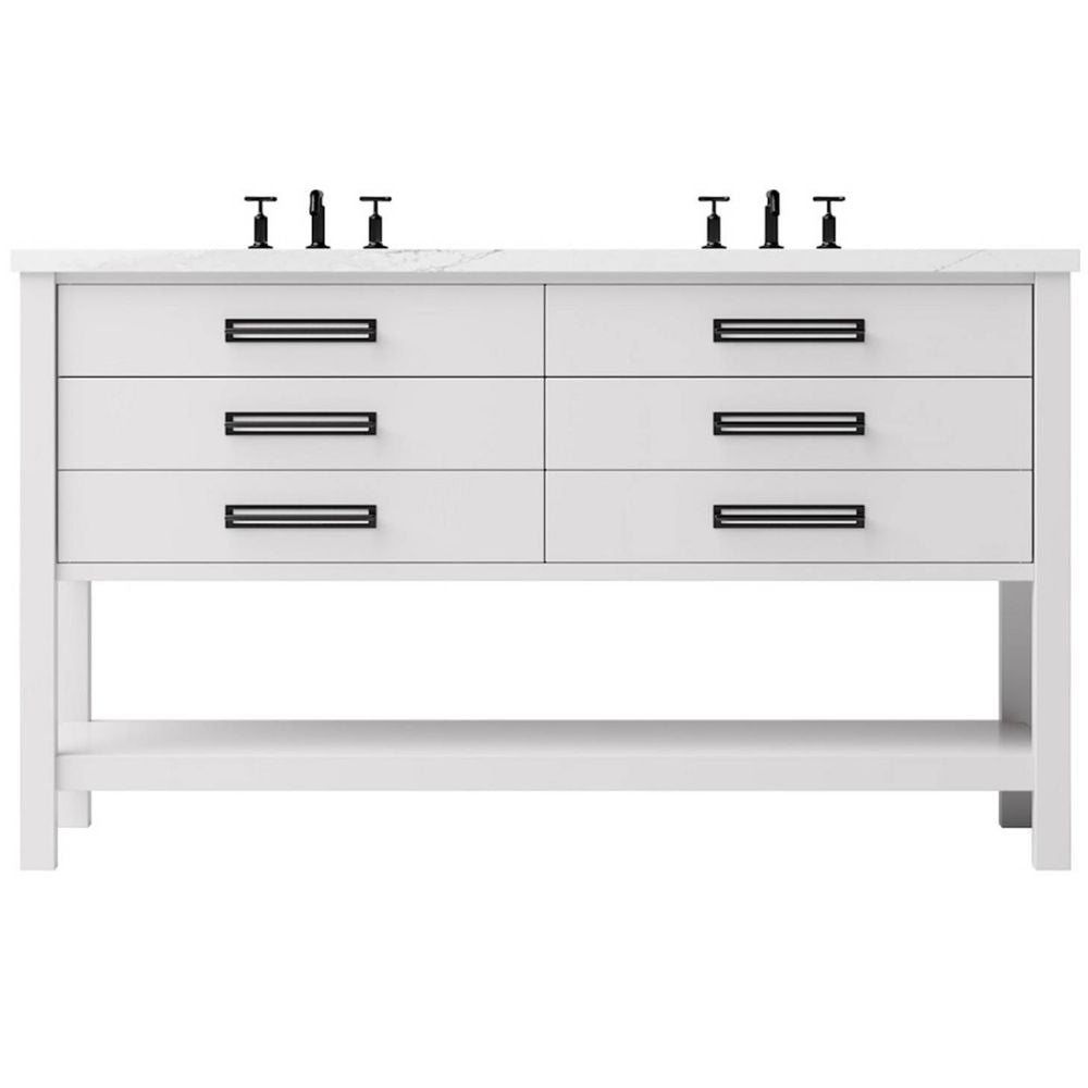 White bathroom vanity with four drawers and a white countertop on a white background