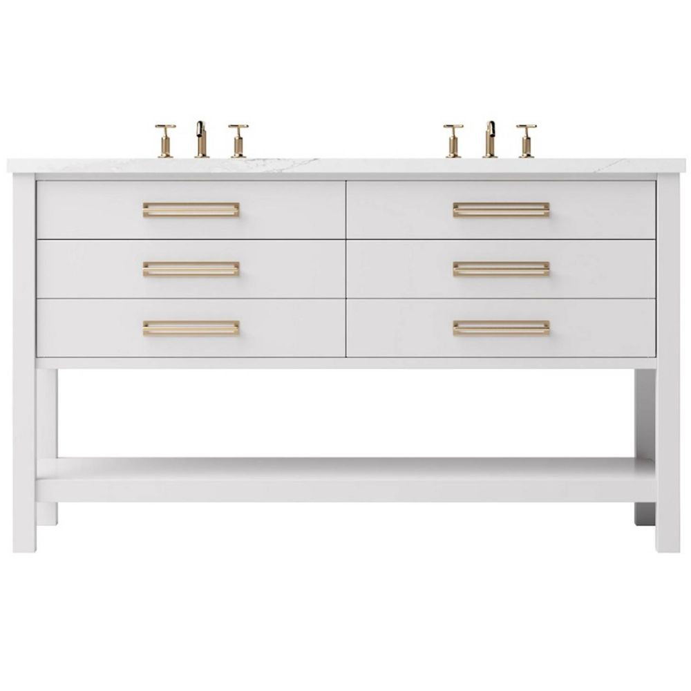 White bathroom vanity with gold handles on a white background