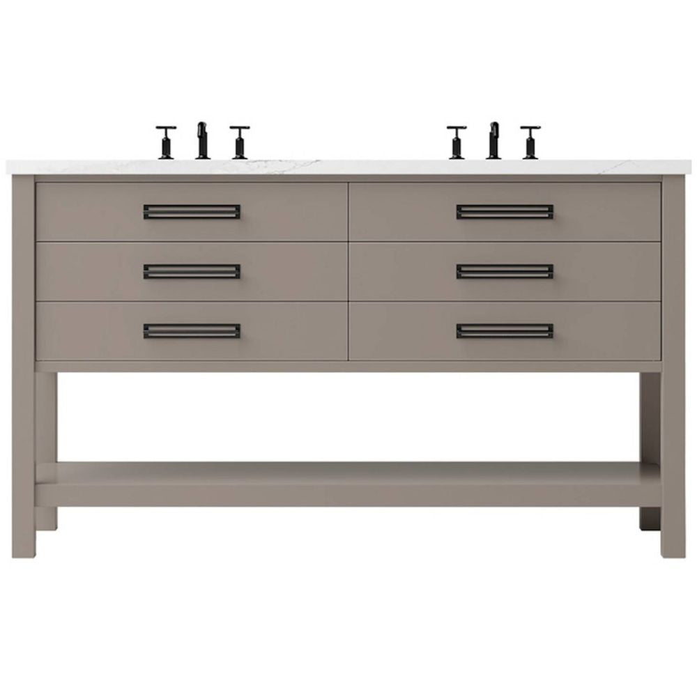 Gray bathroom vanity with six drawers and a white countertop.