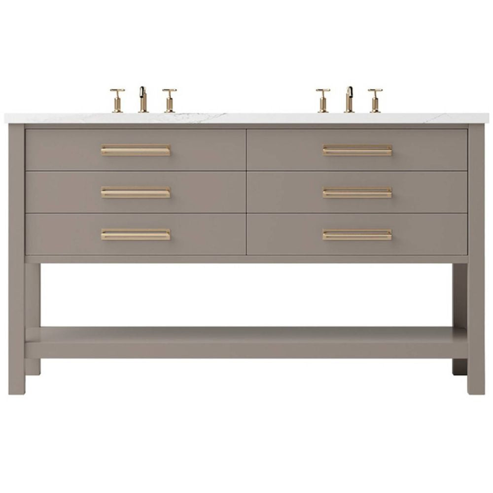 Bathroom vanity with gray drawers and gold handles on a white background