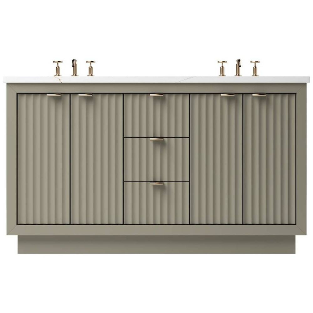 Bathroom vanity with a textured design and gold fixtures on a white background