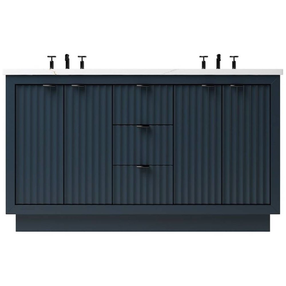 Bathroom vanity with dark blue finish, ribbed texture, and three black faucets on a white background.