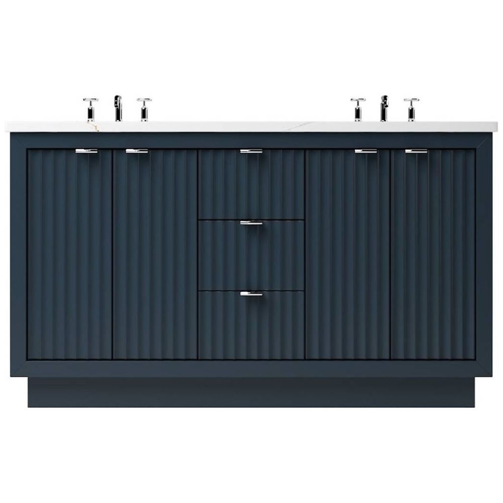 Bathroom vanity with dark blue cabinets and silver fixtures on a white background