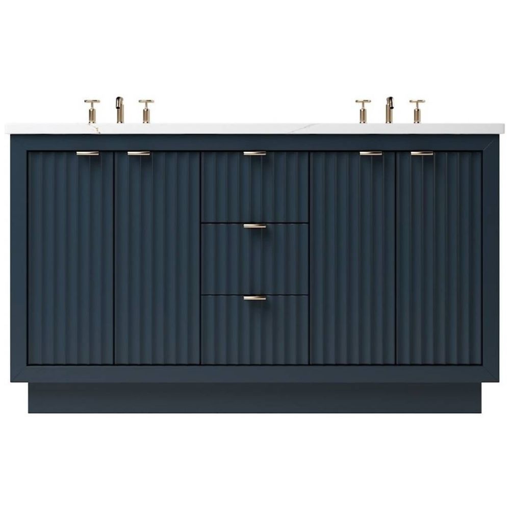 Blue bathroom vanity with gold fixtures on a white background