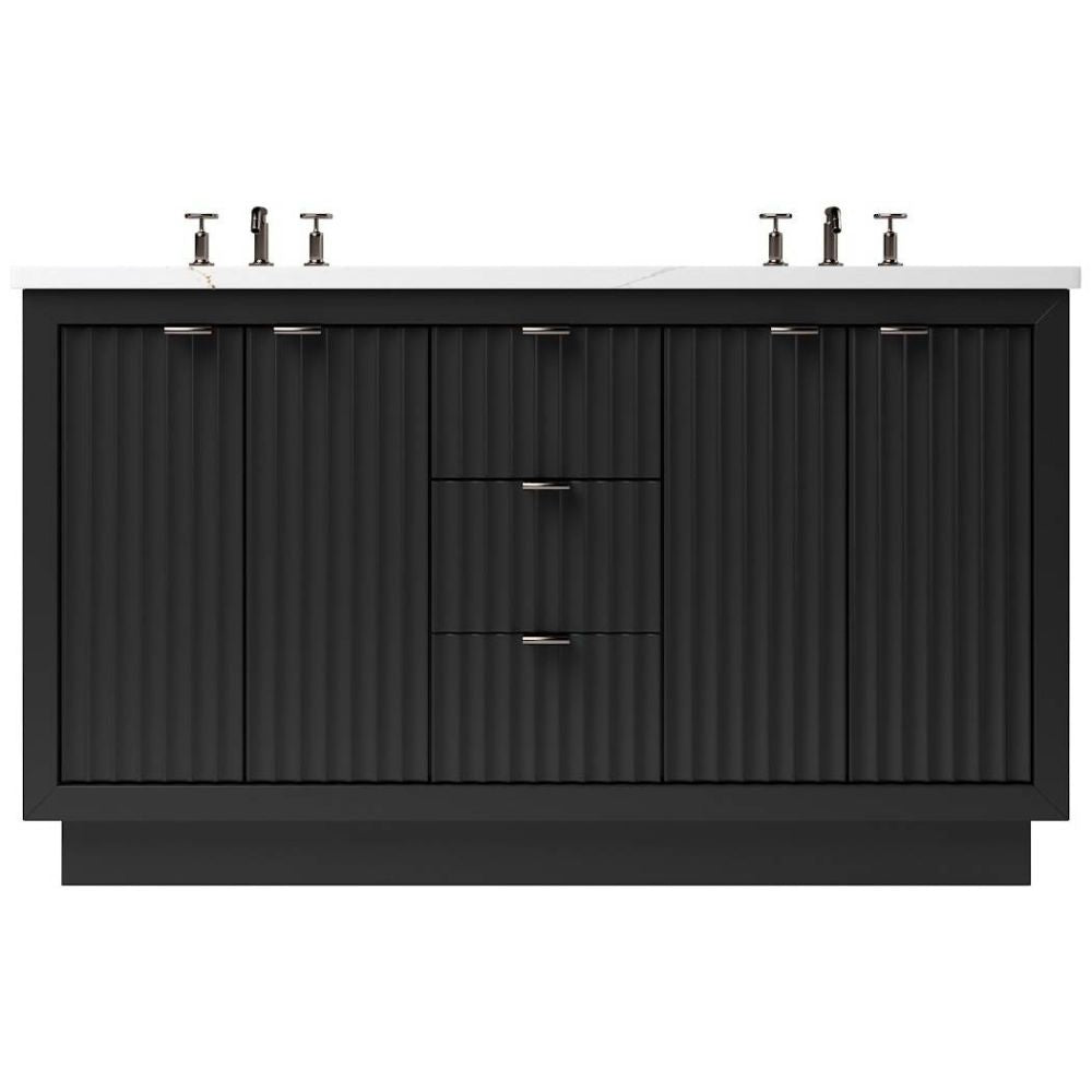 Black bathroom vanity with textured finish and faucet fixtures on a white background