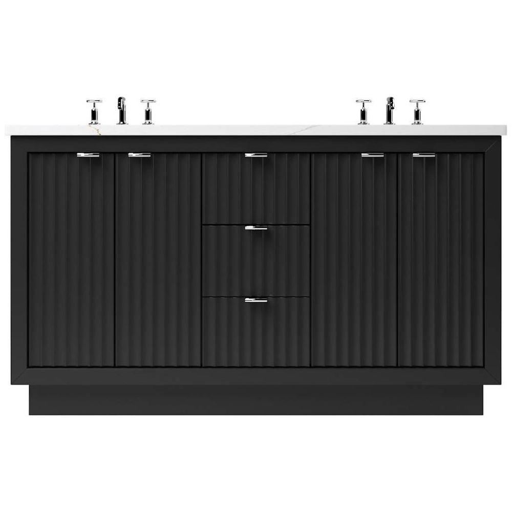 Black bathroom vanity with silver fixtures on a white background