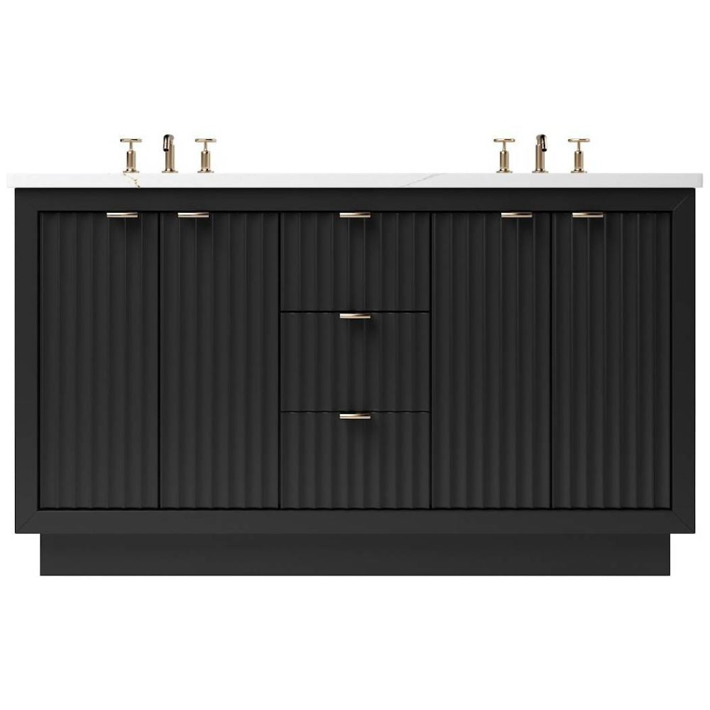 Black bathroom vanity with white countertop and gold fixtures on a white background