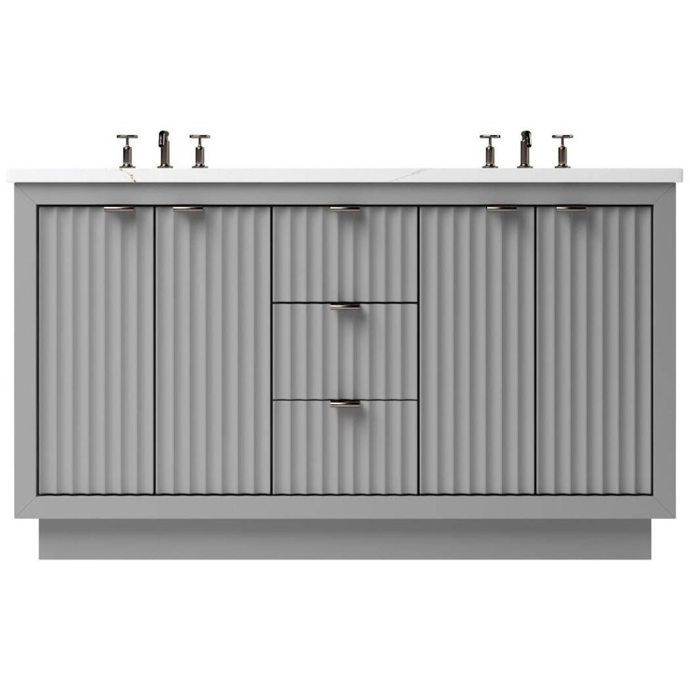 Gray bathroom vanity with corrugated metal design on a white background