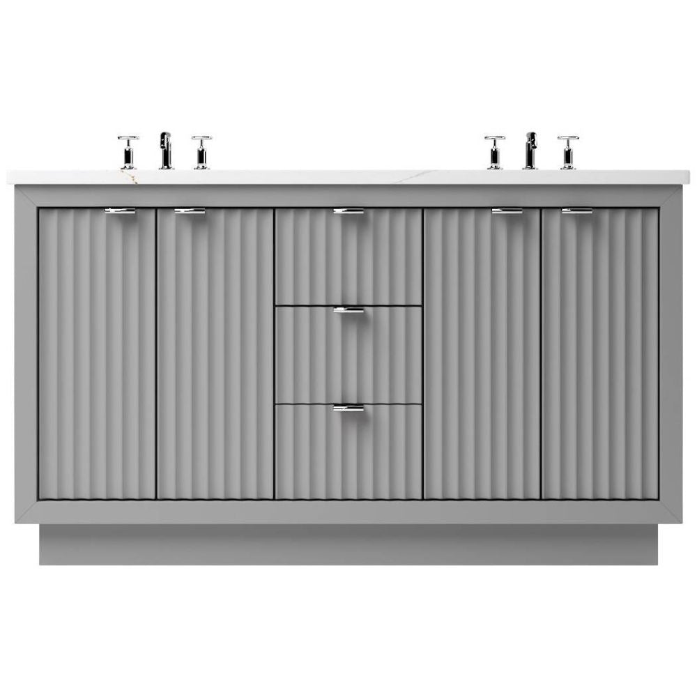 Gray bathroom vanity with multiple cabinets and fixtures on a white background