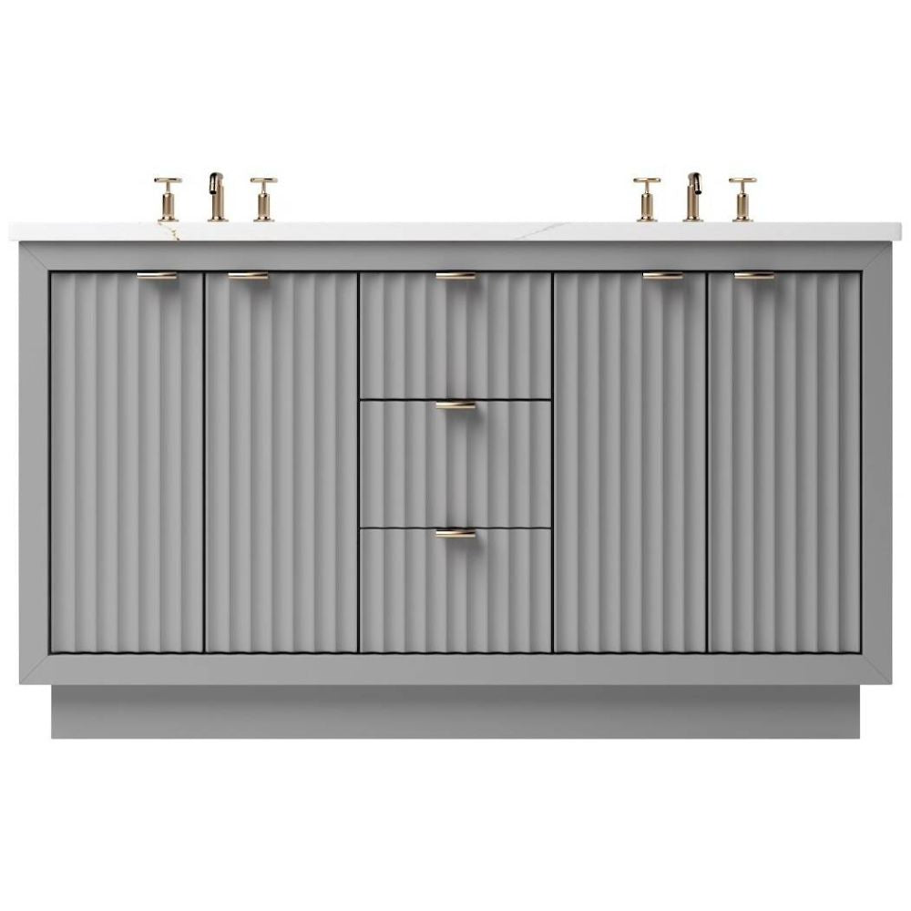 Gray bathroom vanity with corrugated design and gold fixtures on a white background