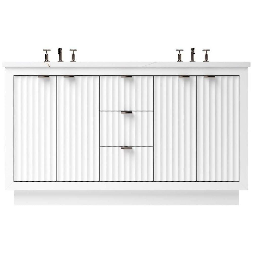 White bathroom vanity with multiple cabinets and fixtures on a white background