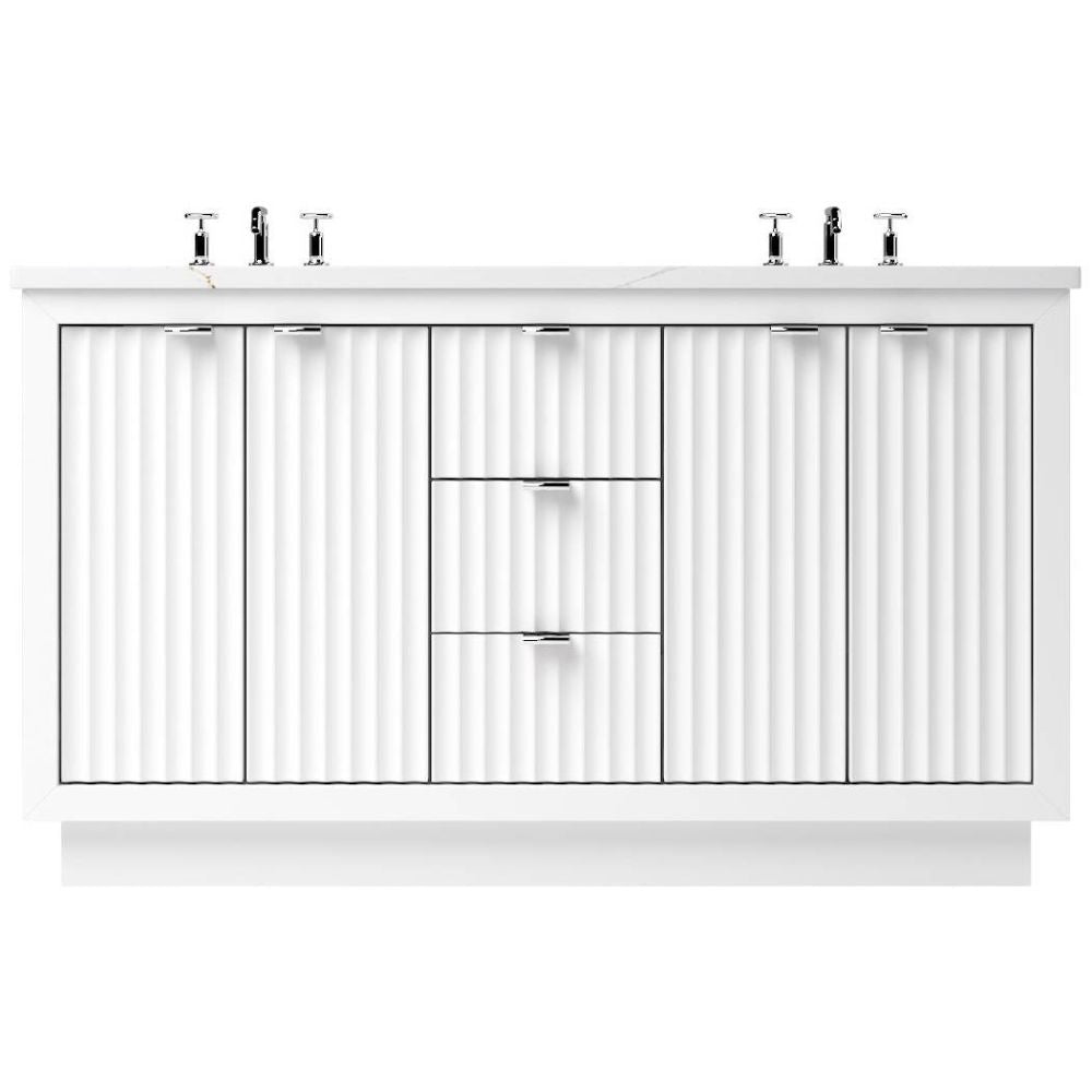 White bathroom vanity with gold fixtures on a white background