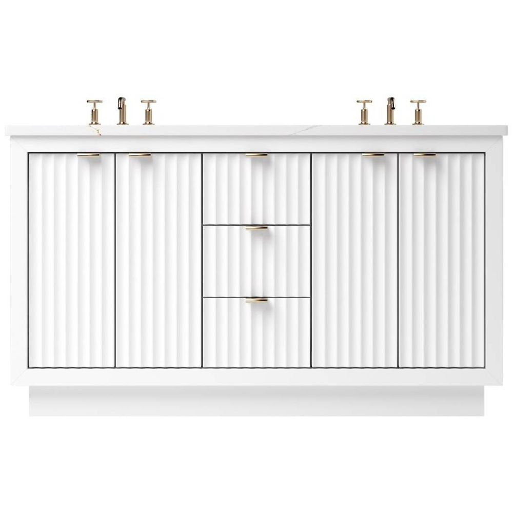 White bathroom vanity with gold fixtures on a white background