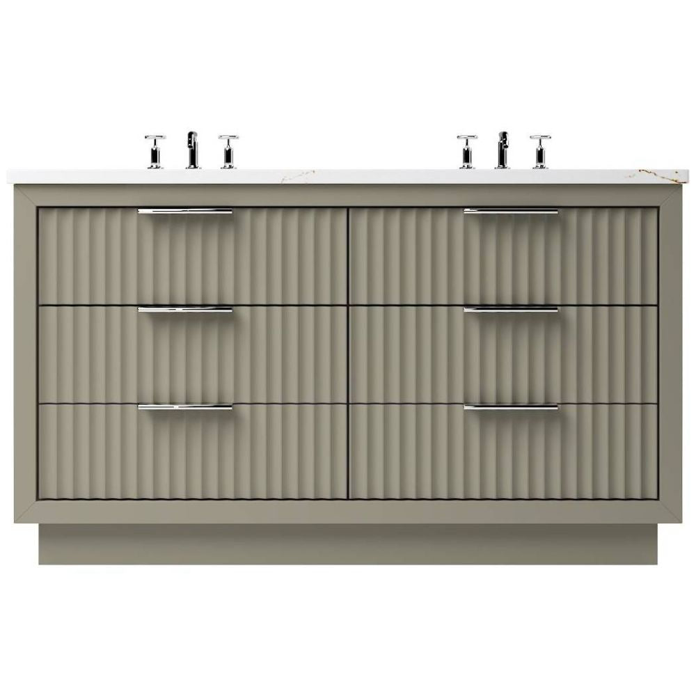 Bathroom vanity with textured surface and metallic fixtures on a white background