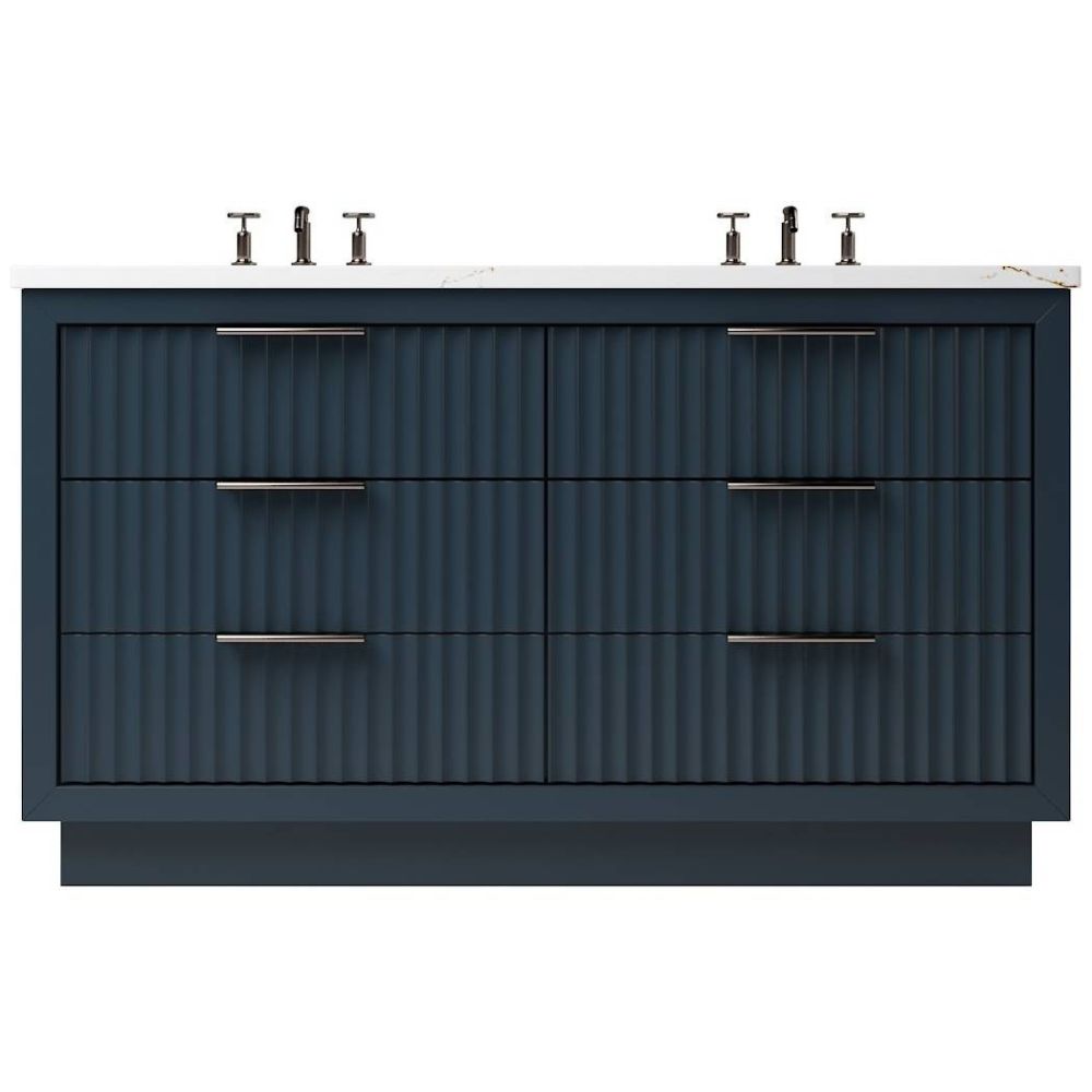 Bathroom vanity with dark blue finish, white countertop, and silver fixtures on a white background