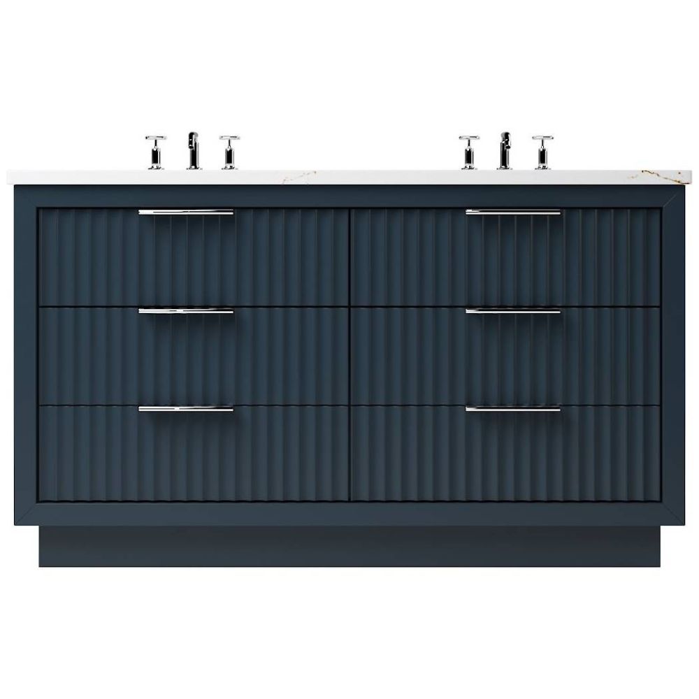 Blue bathroom vanity with white countertop and silver fixtures on a white background