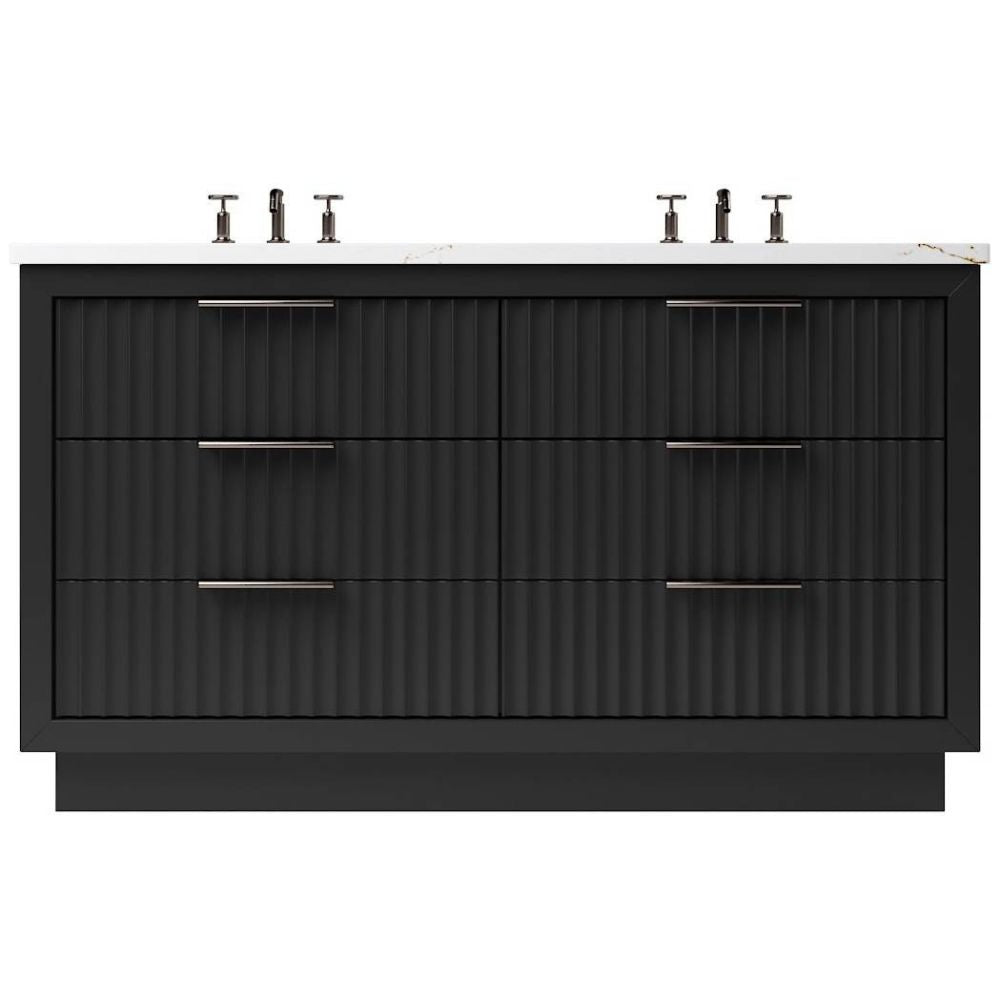 Black bathroom vanity with textured design and faucet on a white background