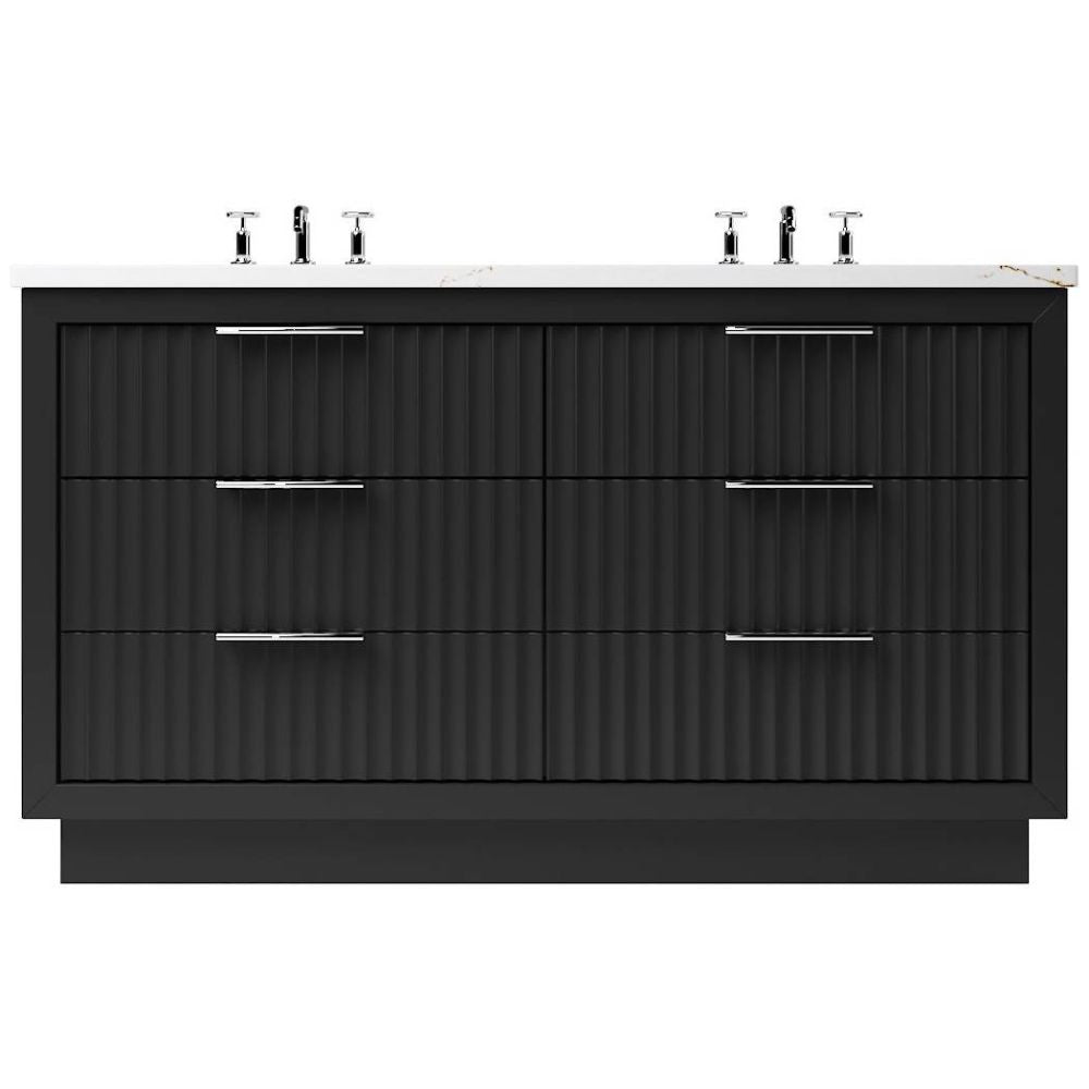 Black bathroom vanity with textured design and silver fixtures on a white background