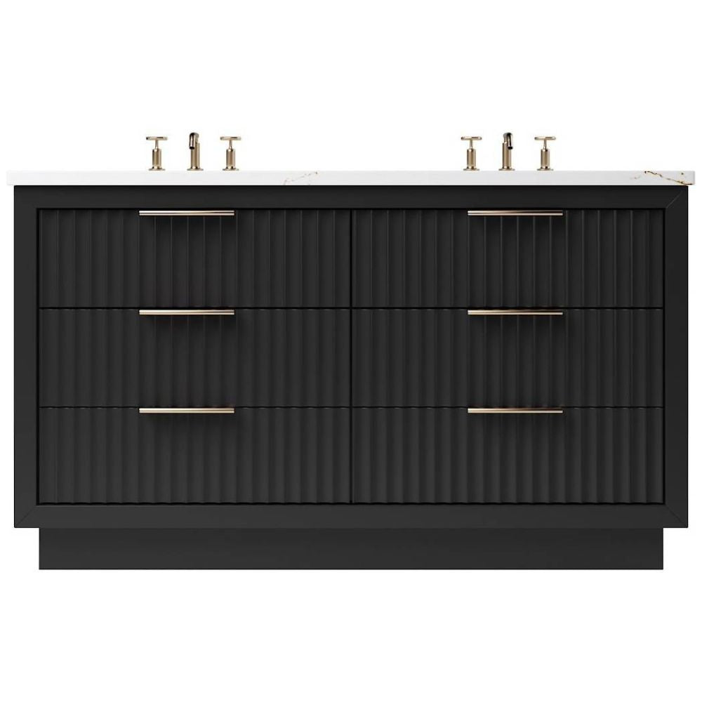 Black bathroom vanity with silver fixtures on a white background