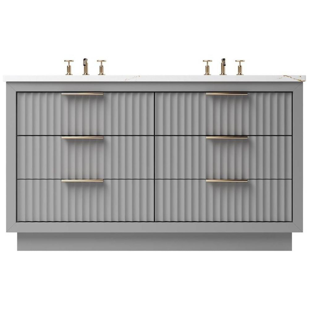 Gray bathroom vanity with gold fixtures on a white background