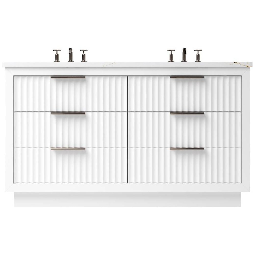 White bathroom vanity with mirror and faucet on a white background