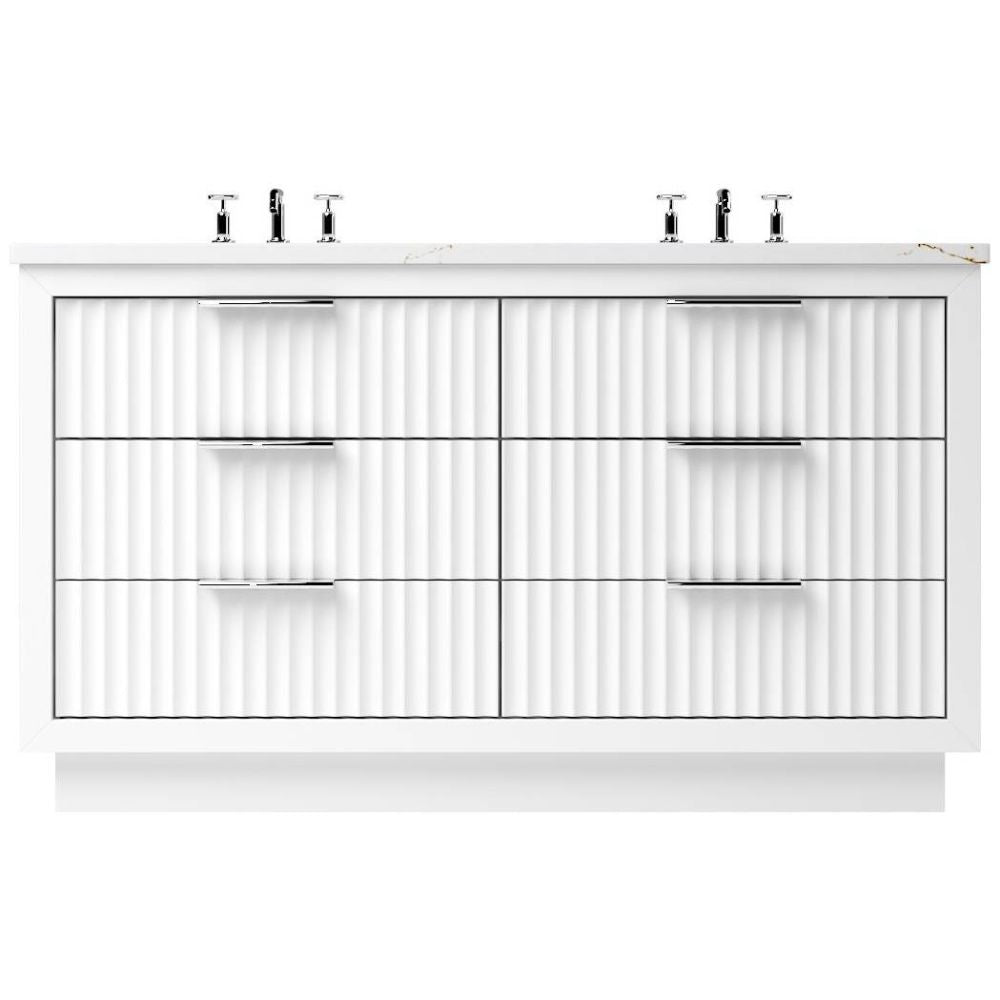 White bathroom vanity with two sinks on a white background