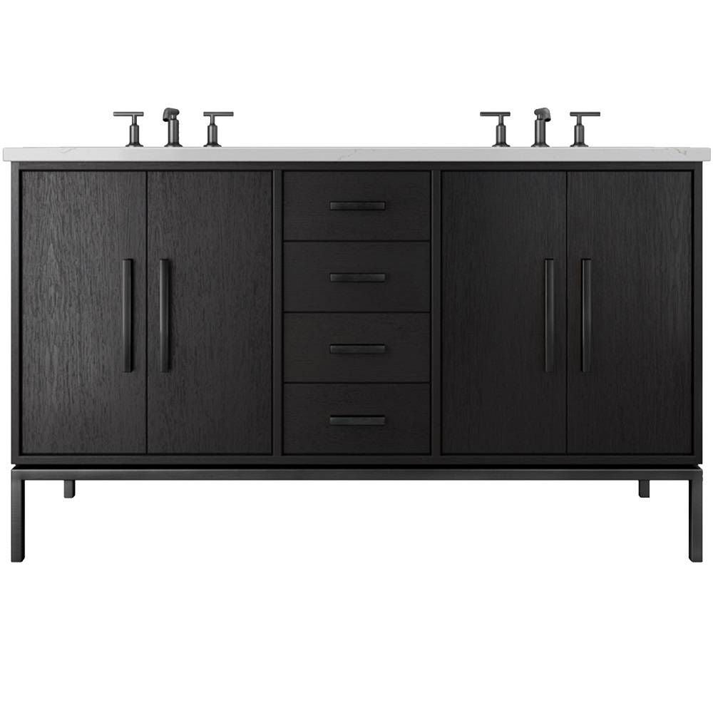 Black bathroom vanity with multiple cabinets and drawers on a white background