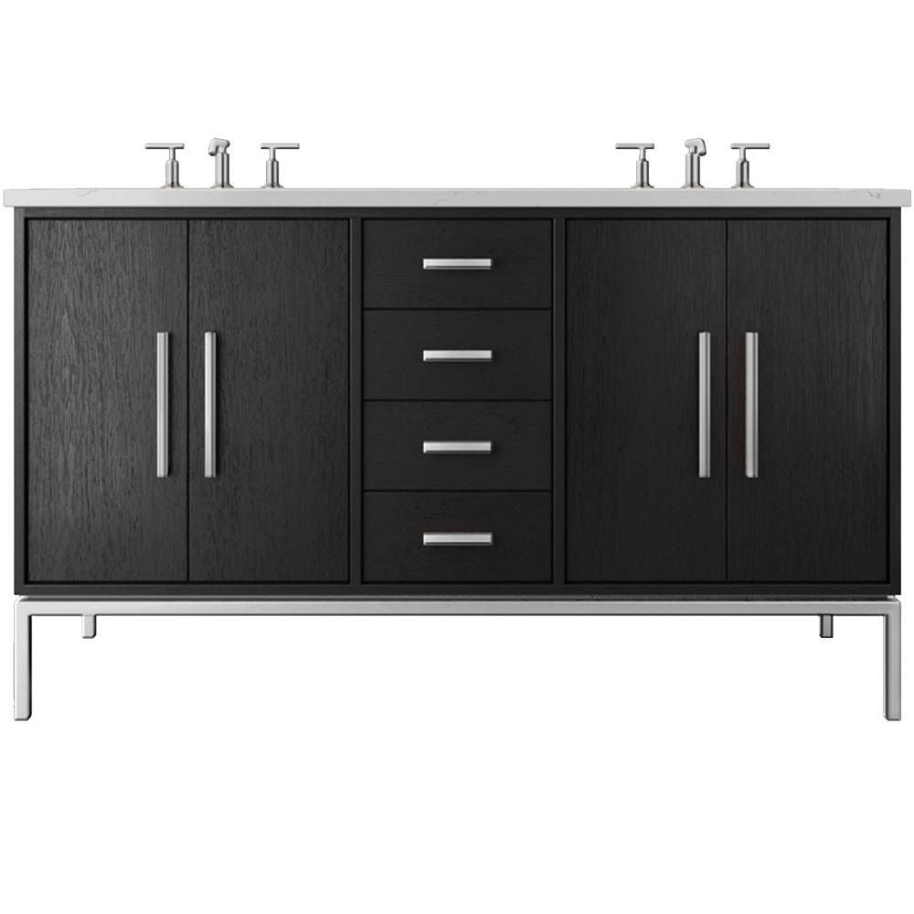 Bathroom vanity with dark wood finish, silver handles, and two sink fixtures on a white background.
