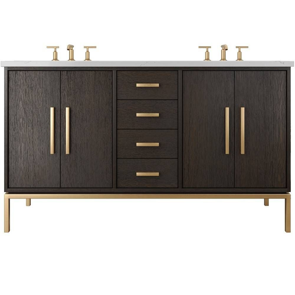 Bathroom vanity with dark wood finish and gold fixtures on a white background