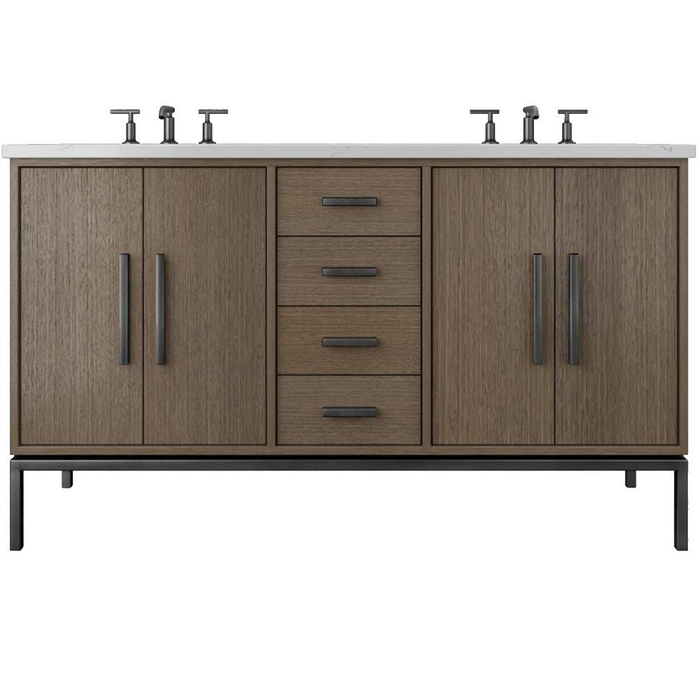Bathroom vanity with wooden finish, multiple cabinets, and drawers on a white background