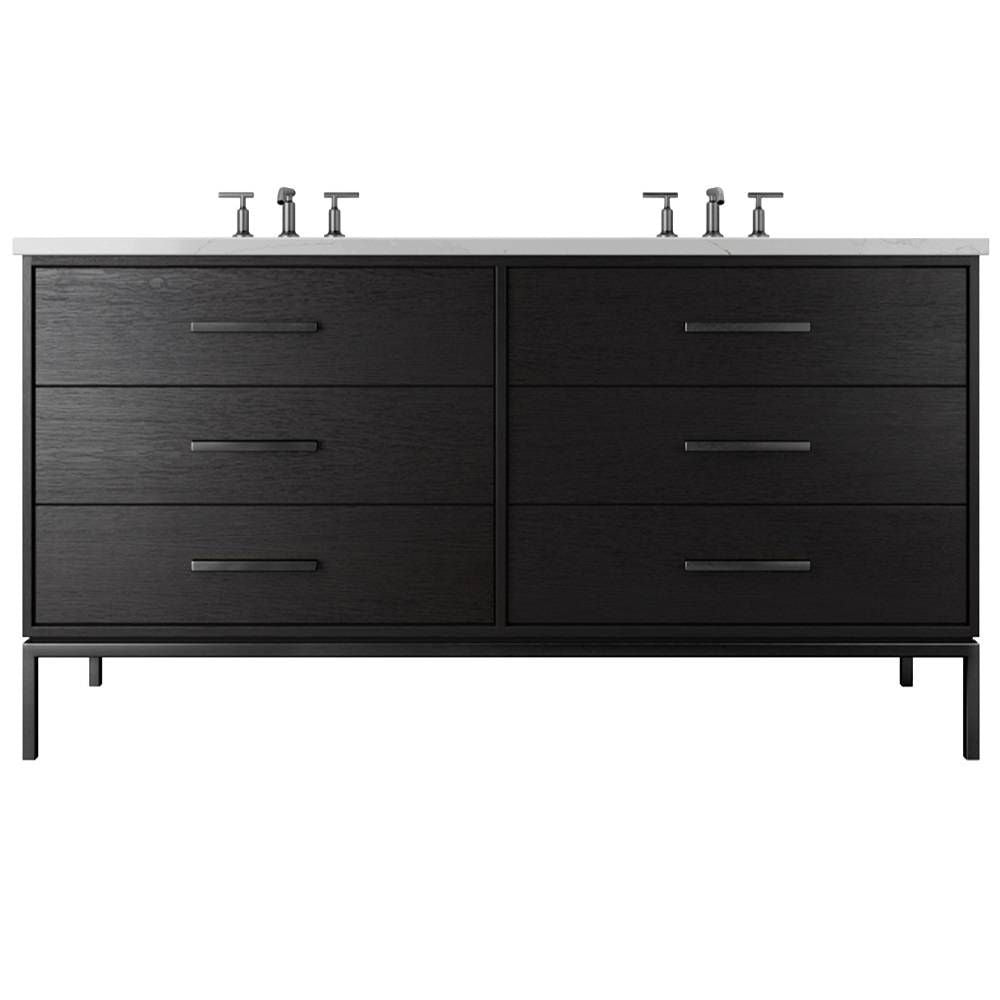 Black bathroom vanity with white countertop and silver fixtures on a white background
