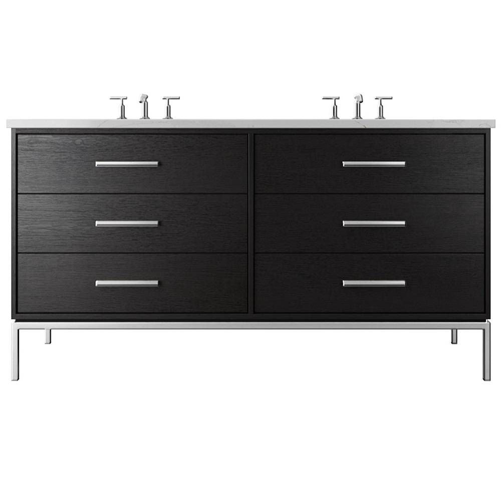Black bathroom vanity with white countertop and silver fixtures on a white background