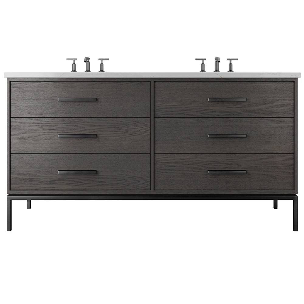 Bathroom vanity with multiple drawers and faucet fixtures on a white background