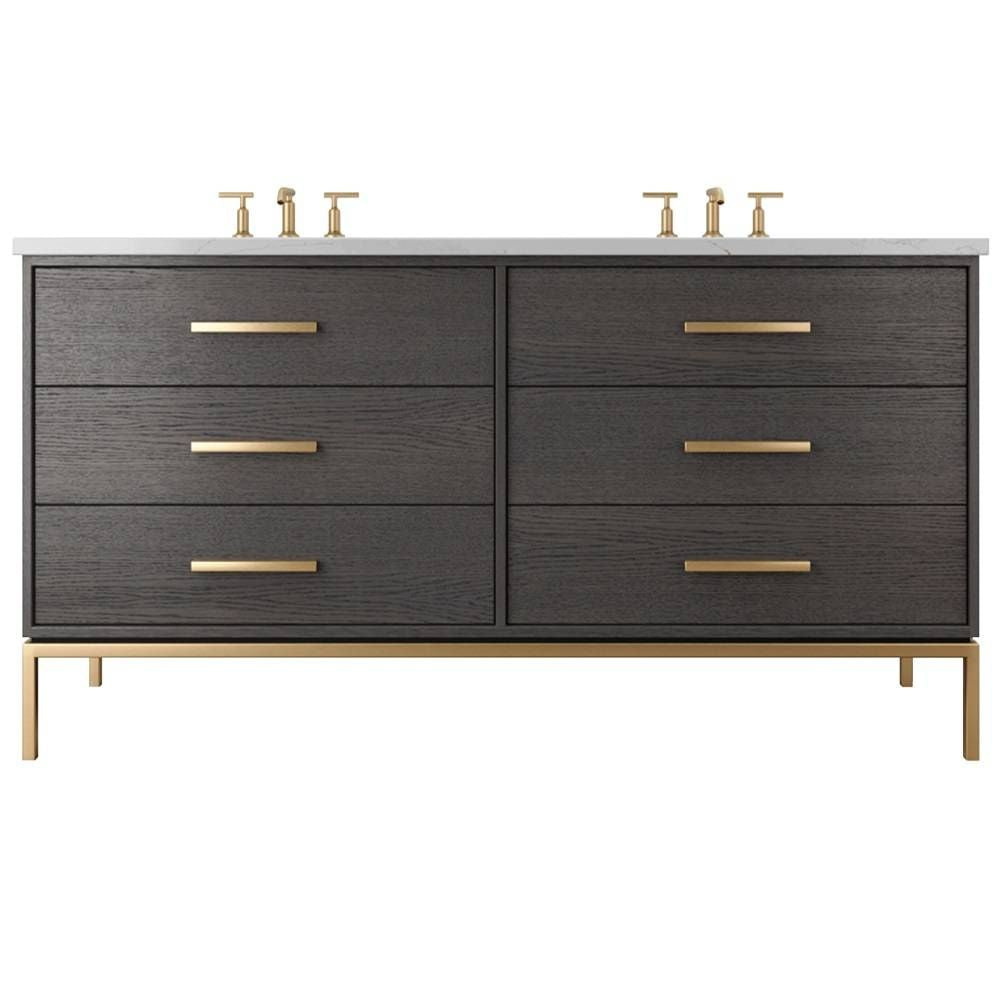 Gray vanity with gold fixtures on a white background
