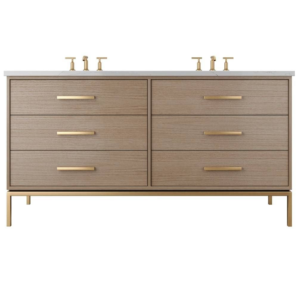 Bathroom vanity with multiple drawers and gold fixtures on a white background