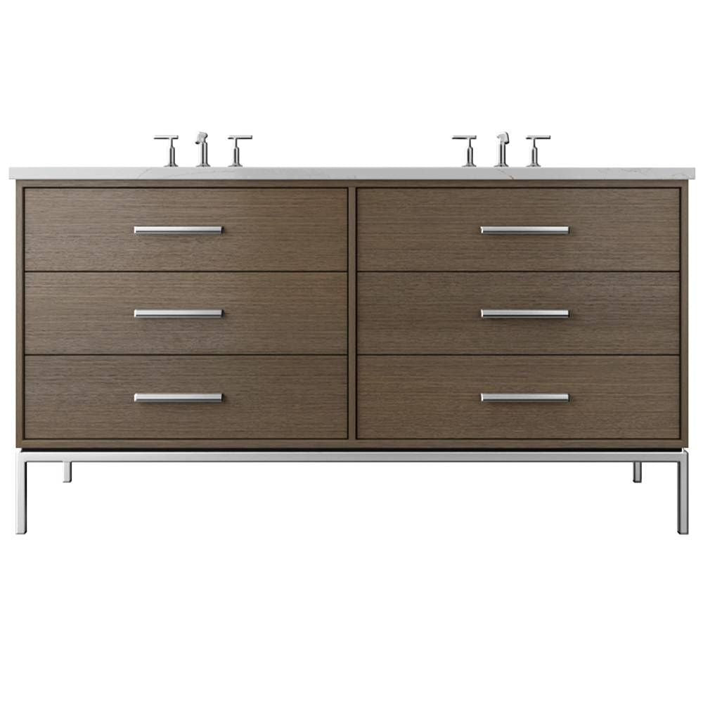 Bathroom vanity with six drawers and a white countertop on a white background