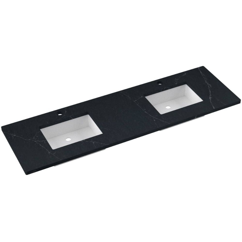 Black marble countertop with two white undermount sinks on a white background