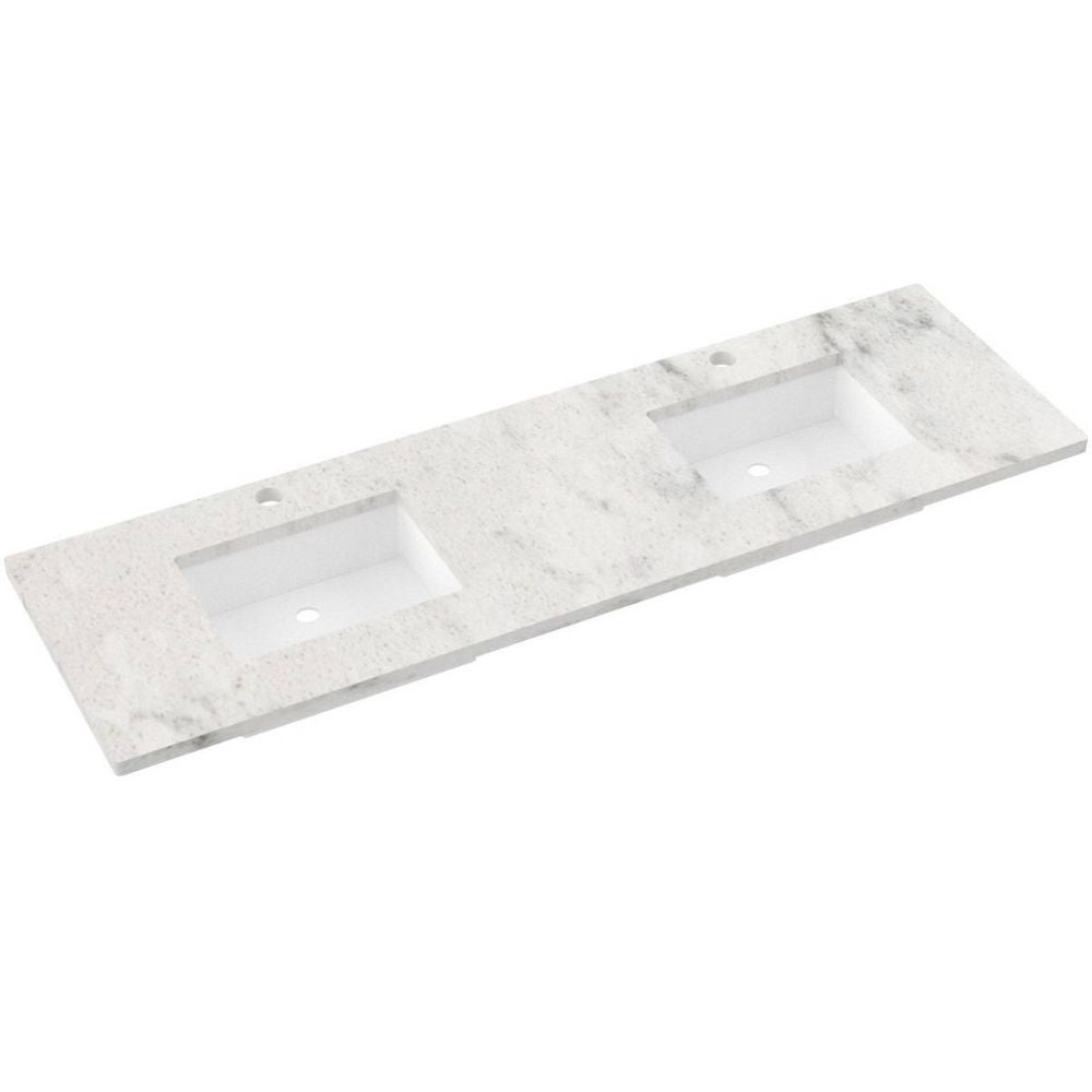 Marble-style vanity top with two sink basins on a white background
