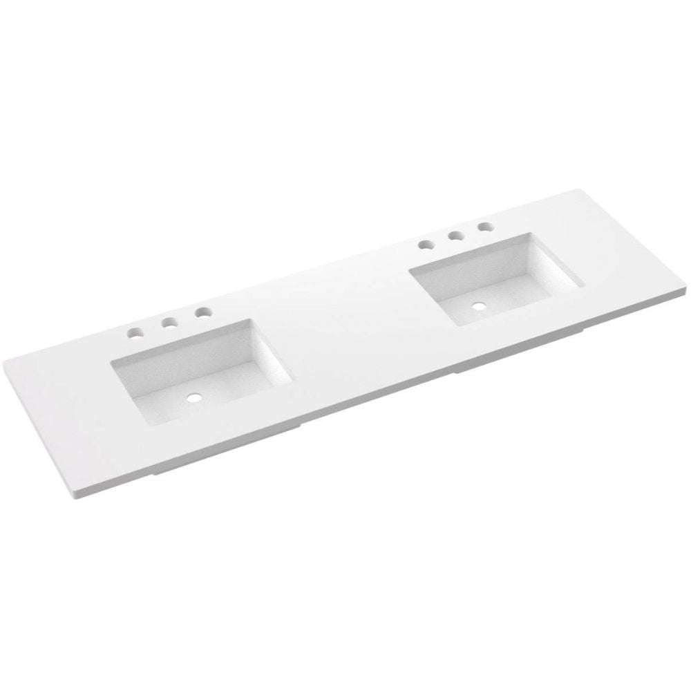 White bathroom vanity with dual sink basins on a white background