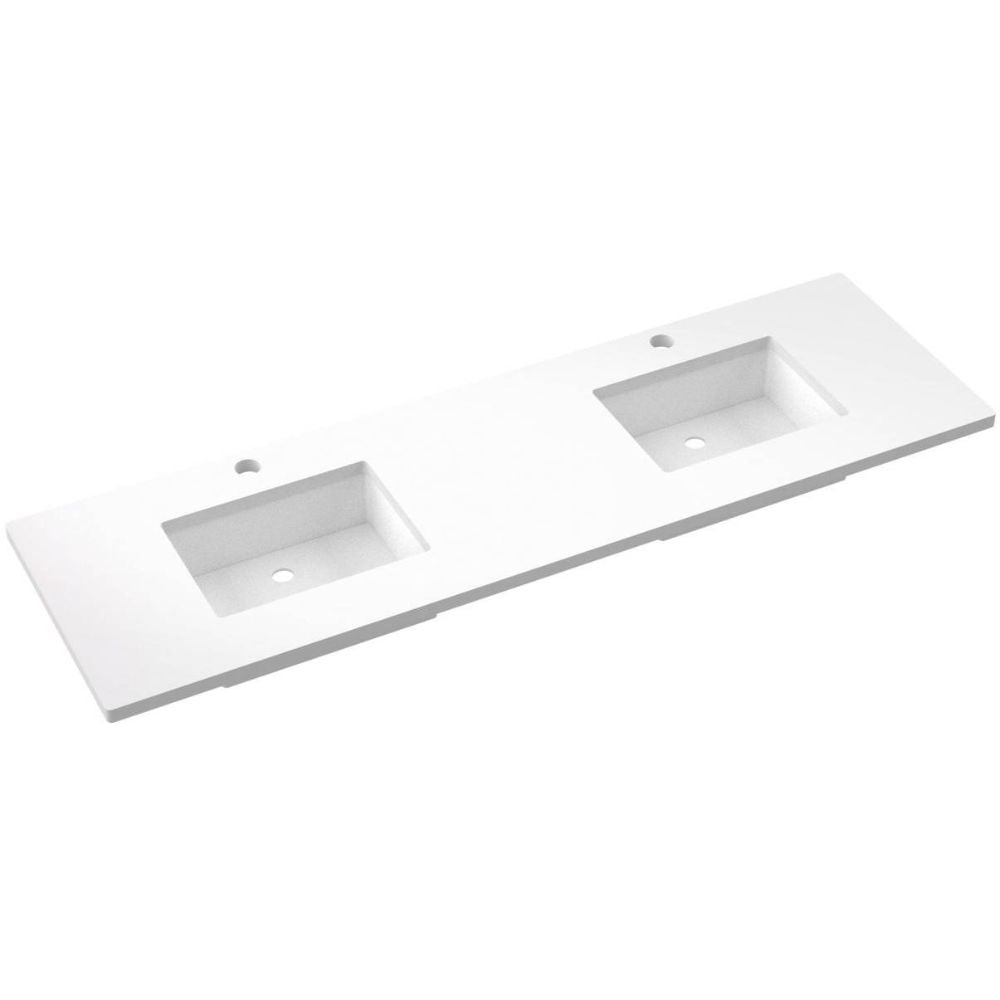 White bathroom vanity with two sinks on a white background