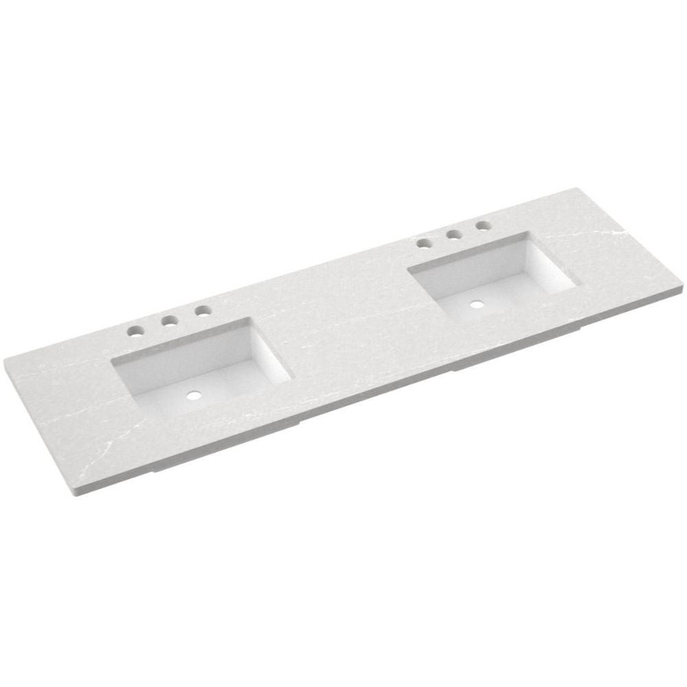 White bathroom vanity with dual sink basins on a white background