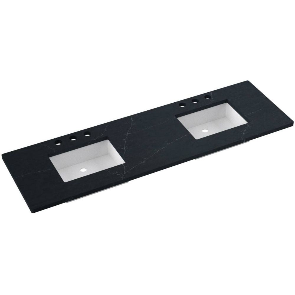 Black marble countertop with two white sinks on a white background