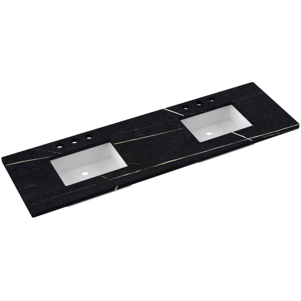 Black marble countertop with two white sinks on a white background