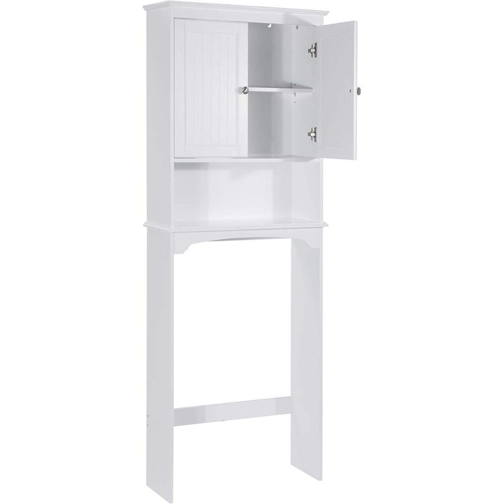 White bathroom cabinet with open door on a white background