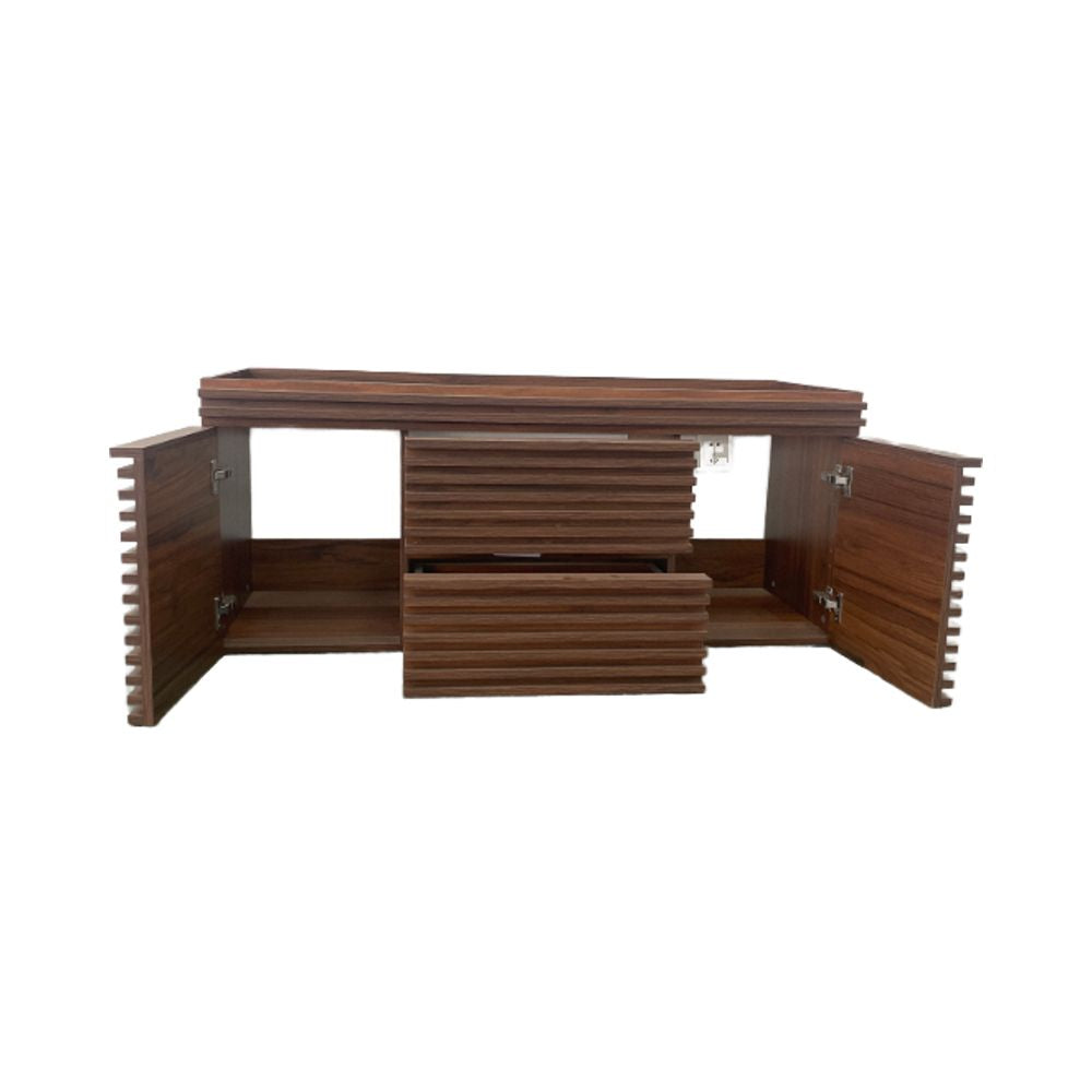 Wooden desk with open drawers on a white background