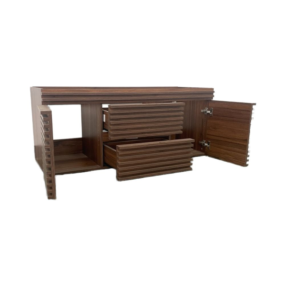 Wooden cabinet with open doors and drawers on a white background